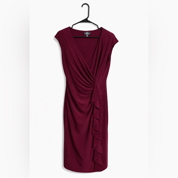American Living Dresses & Skirts - American Living Plum Burgundy Faux Wrap Ruched Dress Size 8 Bodycon Ruffle